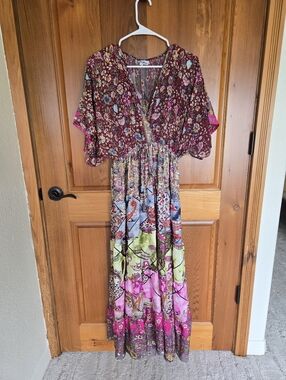 NWT, White Waves, Boho Floral Silk Blend  Maxi Dress, OS